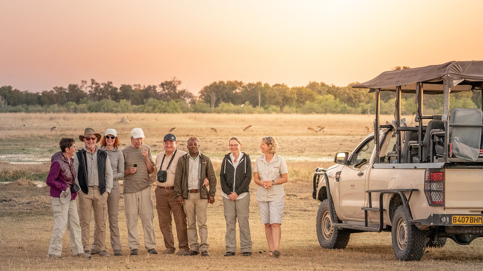 Group of guests on their Botswana Safari at the wide floodplains of Khwai.